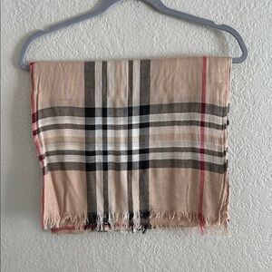Tan,cream,black & touch of red Plaid Scarf with Fringe thin & soft 🥰